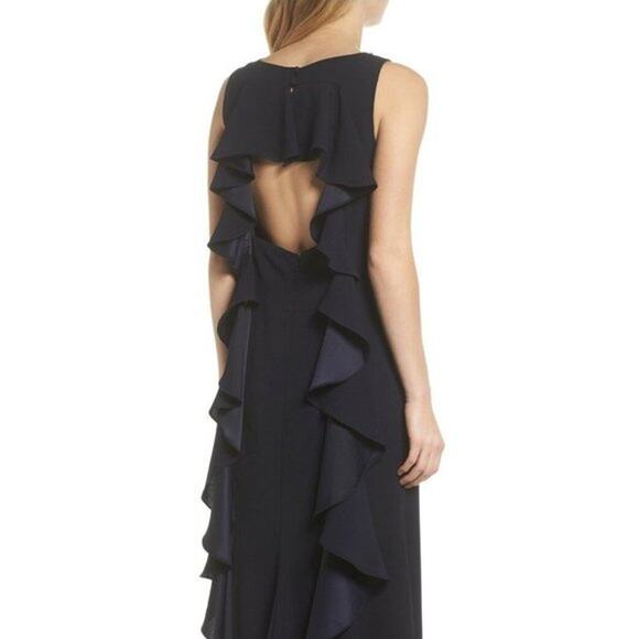 Vince Camuto Navy Blue Embellished Open Ruffle Back Crepe Gown Size 12 - Picture 13 of 16